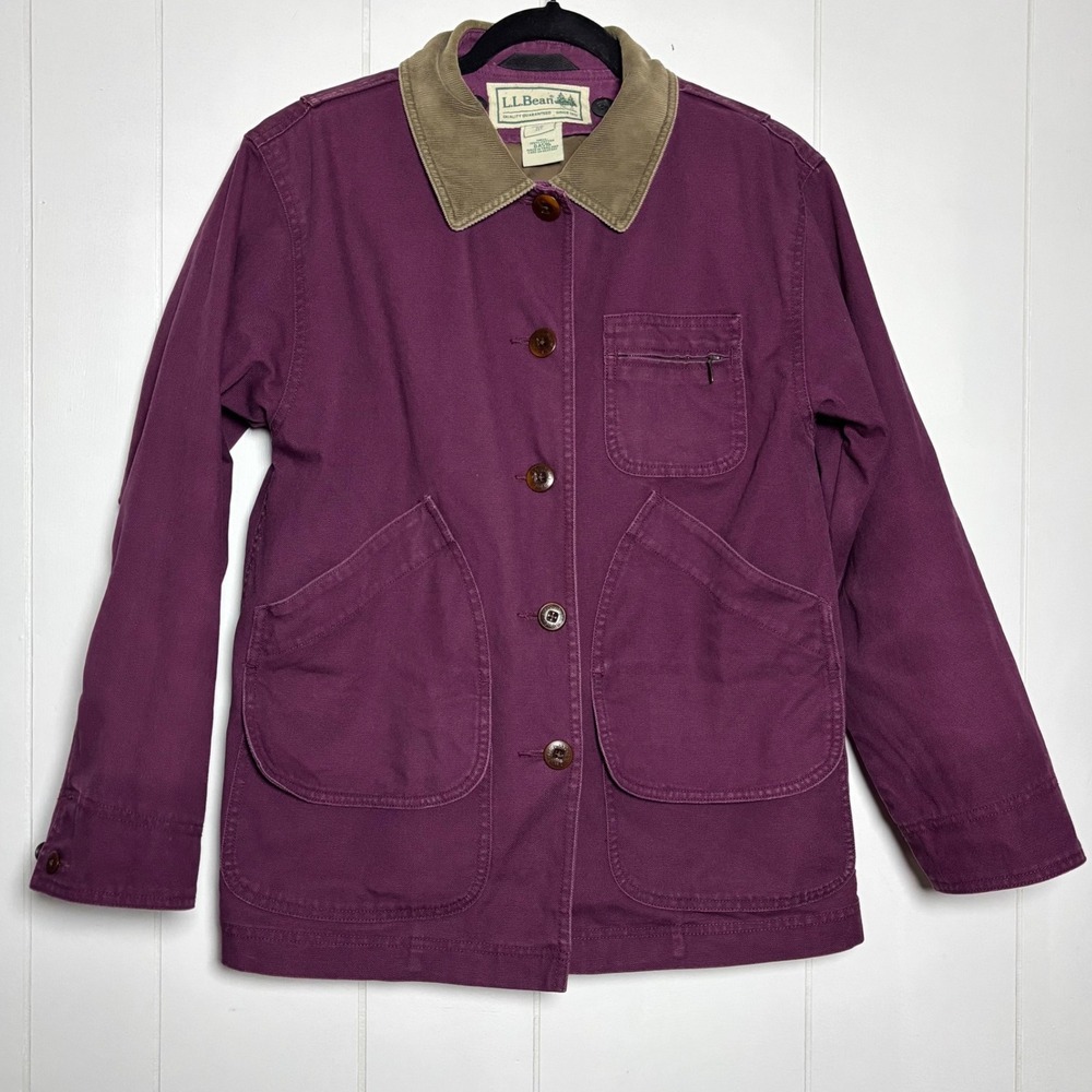 VTG LL Bean Canvas Field Coat Adirondack Barn Jacket Plum Purple Plaid XS Petite